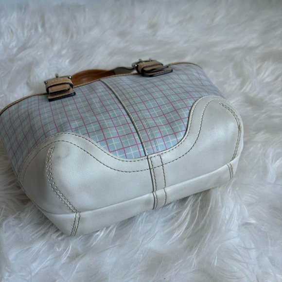 Coach Plaid Tattersall Blue Mini Tote Bag with Leather Handles - Picture 7 of 8